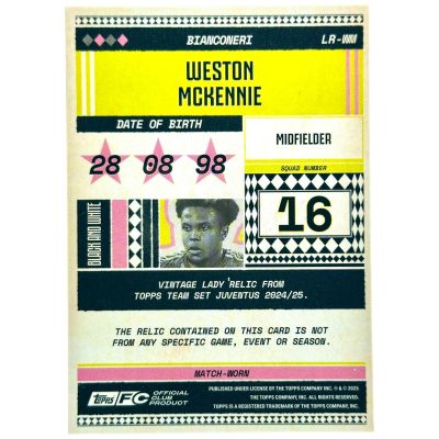 Weston Mckennie 2024-25 Topps Juventus Team Set - Vintage Lady Match Worn Relic #LW-WM