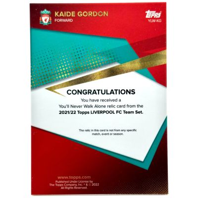 Kaide Gordon 2021-22 Topps Liverpool Team Set - Match Worn RELIC Rookie RC #YLW-KG