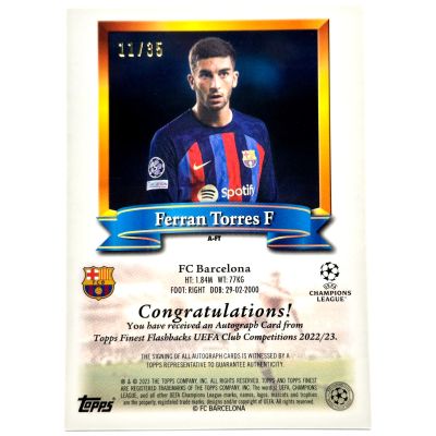 Ferran Torres 2022-23 Topps Finest Flashbacks - AUTO Green 11/35 #A-FT FC Barcelona