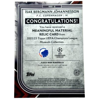 Isak Bergmann Johannesson 2022-23 Topps Museum UCL - Meaningful Player Worn Patch Rokie RC 056/250 #MMR-IB FC Copenhaga