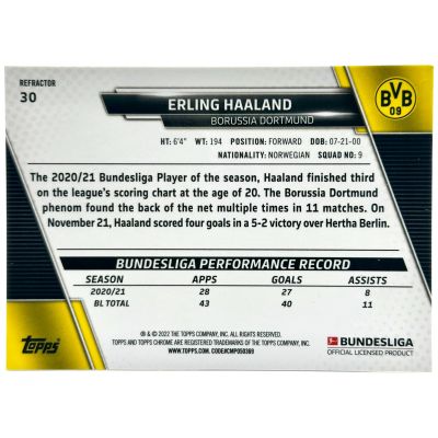 Erling Haaland 2021-22 Topps Chrome Bundesliga - Refractor #30 BvB Dortmund