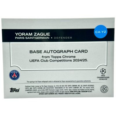Yoram Zague 2024-25 Topps Chrome UCC - Rookie RC AUTO Pink Lava 020/250 #CA-YZ PSG