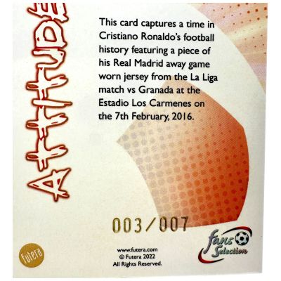Cristiano Ronaldo 2022 Futera Fans Selection - Attitude Game Worn PATCH 03/07 #AT13 Real Madrid