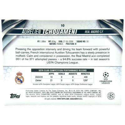Aurelien Tchouameni 2023-24 Topps Chrome UCC - Violet Speckle Refractor 148/299 Real Madrid