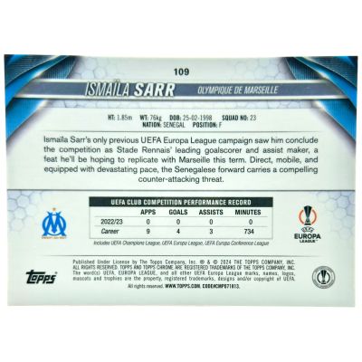 Ismaila Sarr 2023-24 Topps Chrome Sapphire - Orange Sapphire 02/25 #109 Olympique Marseille