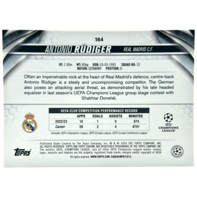 Antonio Rudiger 2023-24 Topps Chrome UCC - Magenta X-Fractor 52/99 #164 Real Madrid
