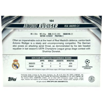 Antonio Rudiger 2023-24 Topps Chrome UCC - Pink Geometric Refractor 109/250 #164 Real Madrid