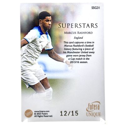 Marcus Rashford 2023-24 Futera Unique World Football - 23KT Gold Plated SUPERSTARS Memorabila PATCH 12/15 #SSG31 England