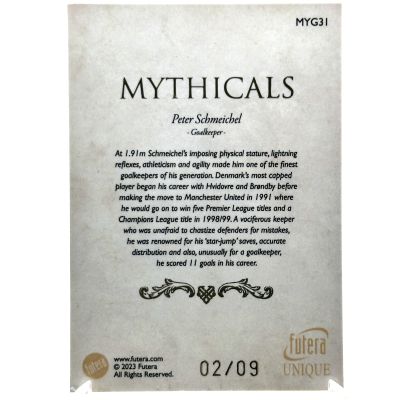 Peter Schmeichel 2023-24 Futera Unique World Football - 23KT Gold Plated MYTHICALS 02/09 #MYG31 Denmark